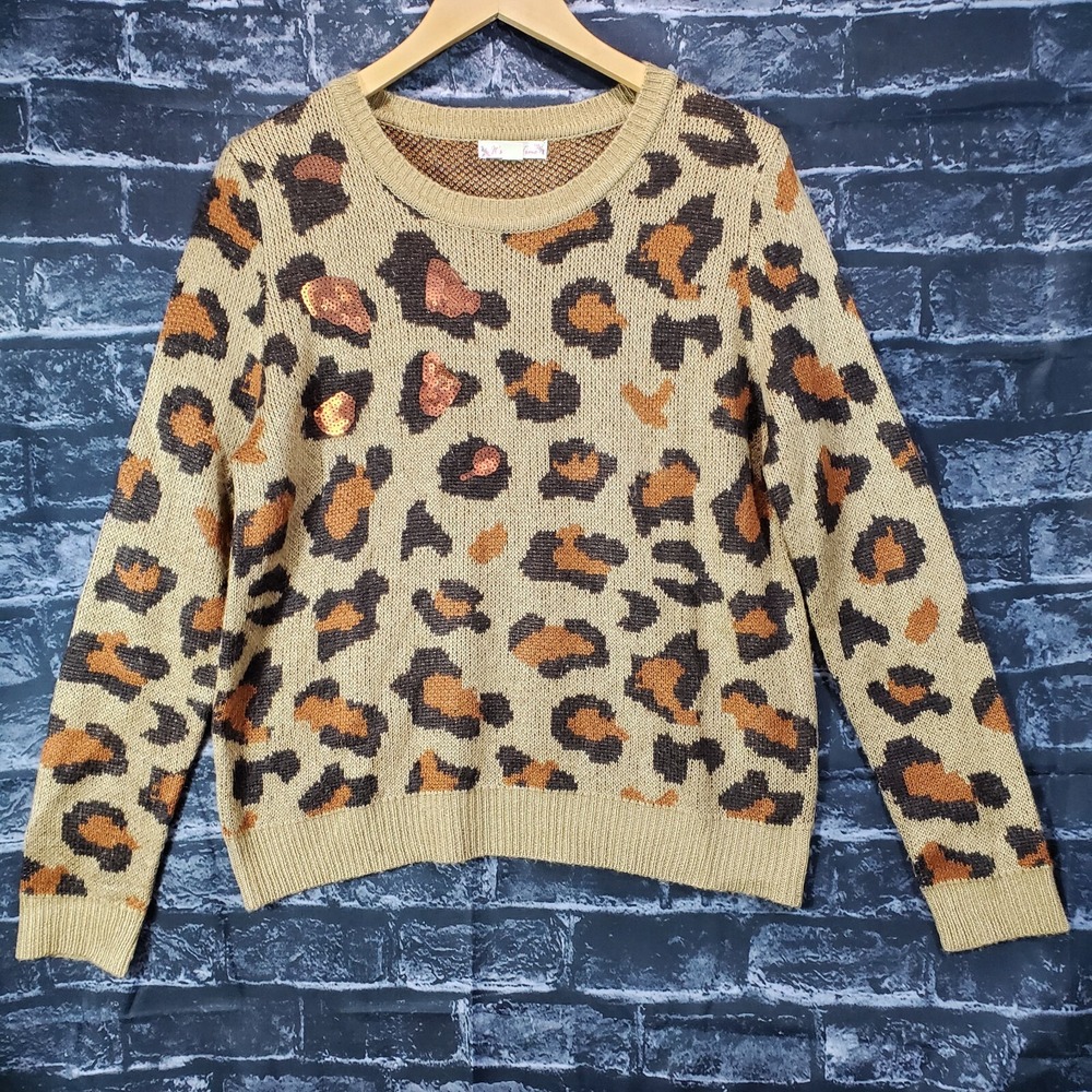 Its Our Time Sweater Womens M Brown Leopard Sequin Animal Print Pullover